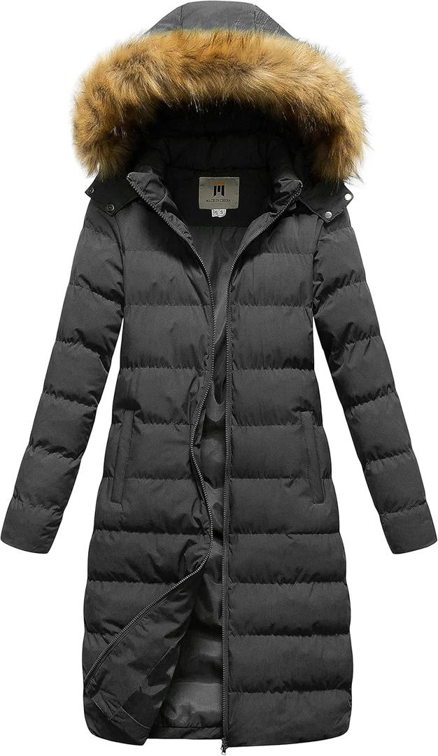 CREATMO US Women's Long Winter Faux Fur Coat Puffer Warm Jacket with Detachable Hood (Small, Grey)