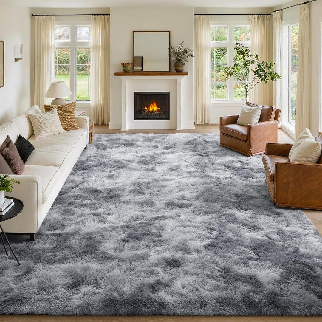 FinRèc 9x12 Feet Rugs for Living Room Bedroom, Soft Grey Fluffy Area Rug, Non-Slip Solid Shag Rug for Nursery Kids Room Dorm Room Home Decor, Indoor Floor Carpet
