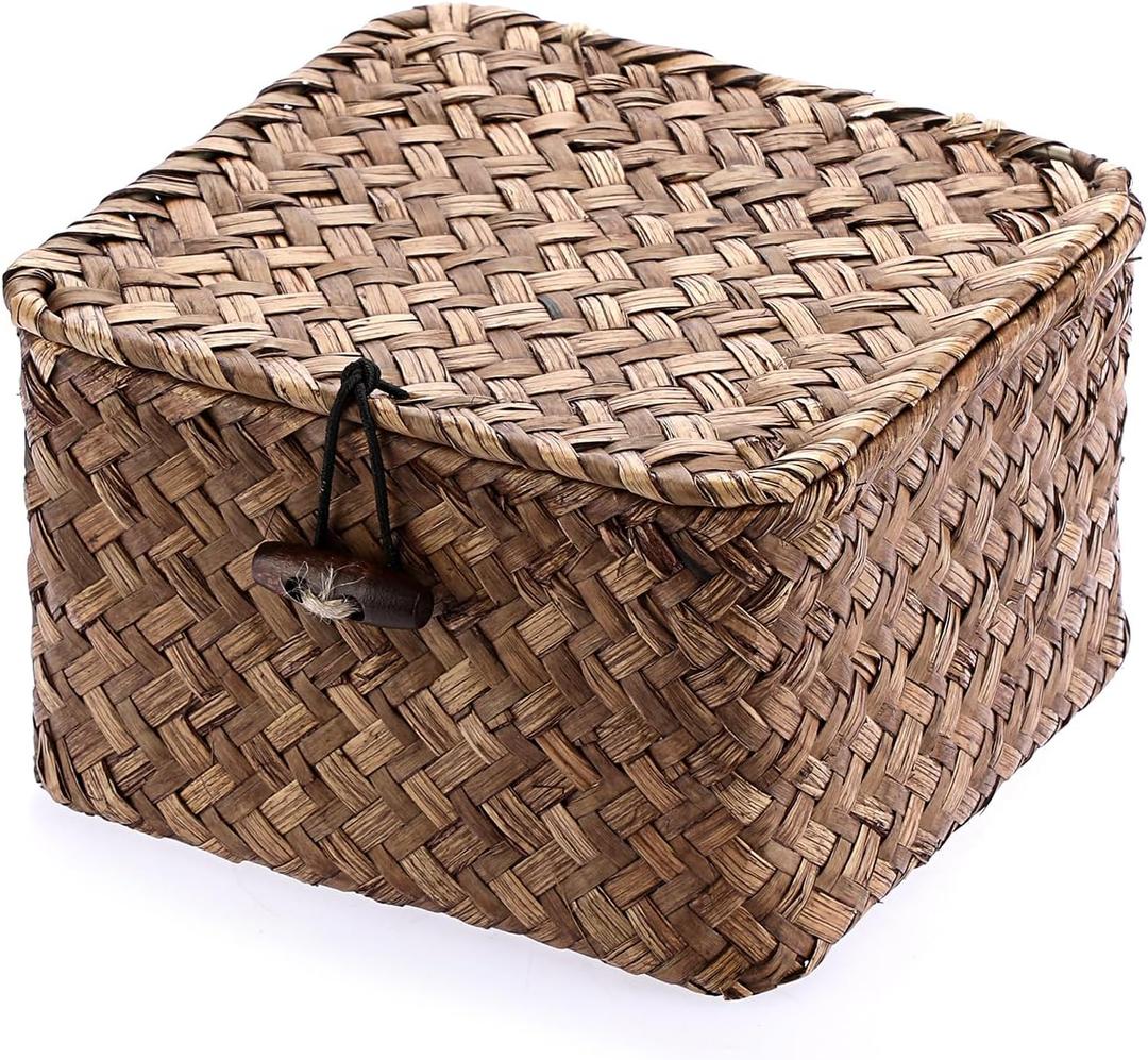 Hipiwe Seagrass Basket with Lid Wicker Storage Basket Square Handwoven Decorative Baskets Box for Shelf Multipurpose Household Baskets Home Decor,X-small (Coffee)