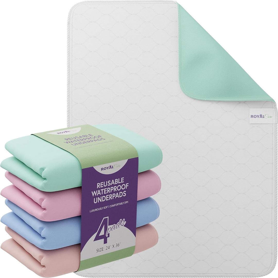 Incontinence Bed Pads - 4 Pack 24 x 36 Reusable Waterproof Mattress Protectors - Highly Absorbent, Machine Washable - for Children, Pets and Seniors - Assorted Colors - Royal Care (Multicolor)