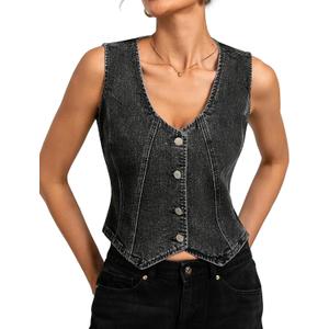 Kate Kasin Women's Denim Vest, Sleeveless Stretch Button Down Jean Vest for Women, Casual Fitted Summer Western Outfit (XX-Large, Dark Grey)