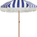 AMMSUN 7ft Patio Umbrella with Fringe Outdoor Tassel Umbrella UPF50+ Wood Color Steel Pole and Steel Ribs Push Button Tilt, Navy Stripe