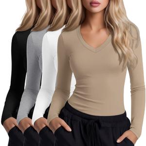Xaatren 4 Pack Women's Under Scrubs Long Sleeve V Neck Shirts Slim Fit Stretchy Undershirt Basic Casual Tops for Nurse, Black, Light Mixed Gray, Khaki, White, Medium