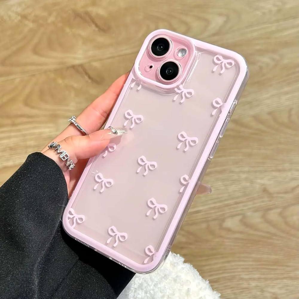 Case for iPhone 15, Clear Cute Ribbon Bowknot Pattern Aesthetic Transparent Phone Case Raised Camera Protection Stylish Slim Soft Durable TPU Protective Cover for Women Girls - Pink