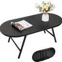 Black Small Coffee Table Wooden Oval Folding Low Coffee Tables with Metal Legs Portable Floor Table Desk for Living Room Small Spaces Apartment Oudoor Use, 42" x 20" x 16.5"