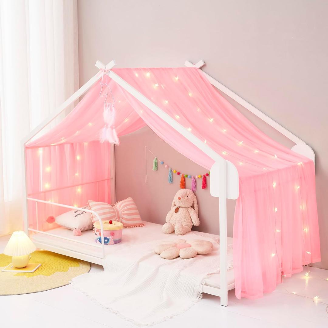 Mengersi Bed Canopy House Canopy Bed Curtains with Lights for Girls Boys,Voile Sheer Window Scarf,Fit for House Metal Floor Twin Full Bed,No Frame(Pink)
