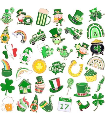 Giegxin 40 Pcs St. Patrick's Day Enamel Pins Bulk Clover Shamrock Brooches Coins Green Beer Hat Horseshoe Backpack Pins St. Patricks Day Gifts Accessories