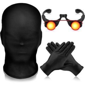 3 Pcs Halloween Glowing Grim Reaper Costume Accessories Set Black Full Face Mask Spandex Gloves with Glowing Eyes Glasses for Halloween Adult Masquerade Cosplay