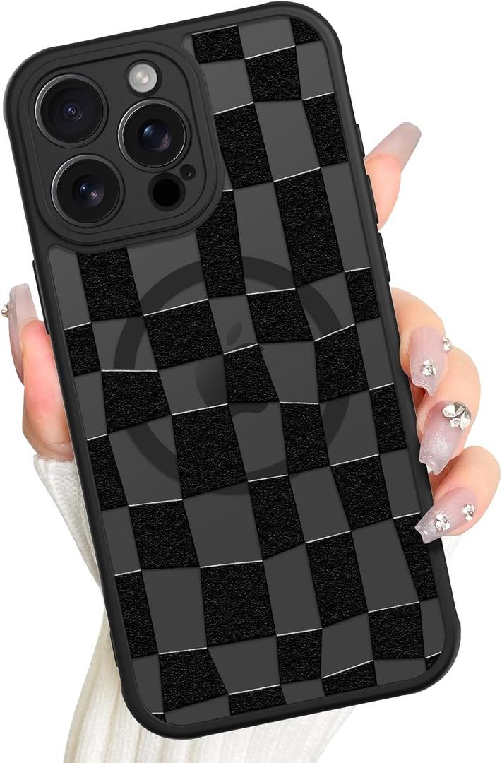 AIGOMARA Magnetic for iPhone 15 Pro Case, Compatible with Magsafe Cute Black Checkered Pattern Screen Protector Camera Protection Matte Translucent Checkerboard Phone Case for Women Girls