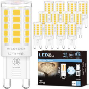 Hansnag 12 Pack G9 LED Bulb for Crystal Chandelier, 5000K Bright Daylight, T4 Short Light Bulb with G9 Ceramic Bin-pin Base, Height 1.77 inch, 4W(40W Halogen Equivalent), 400LM, AC 120V, Non-Dimmable
