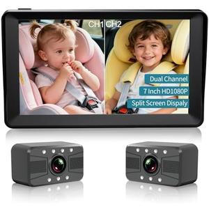 HUBOOK Baby Car Camera -7 Inch Split Screen with Dual Seat Cameras, Night Vision, HD 1080P - USB Powered Easy Install Rear Facing Baby Car Monitor - Perfect for 2Kids/Twins