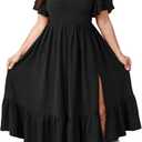 SCOMCHIC Womens Plus Size Wedding Guest Cocktail Dresses Sweetheart Neckline Short Sleeve Smocked Ruffle Slit Maxi Dress (Black, 1XL)