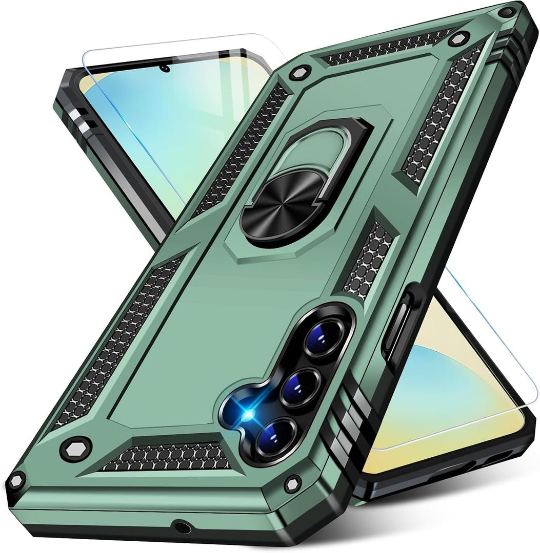 for Samsung Galaxy S24 FE Case with Screen Protector, Military Grade Rugged Shockproof Galaxy S24 FE 5G Heavy Duty Protective Cover for Samsung S24 FE Magnetic Ring Kickstand Phone Case (Green)