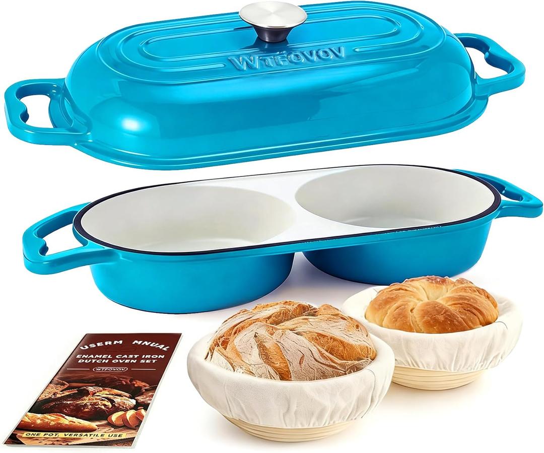DIY Double Dutch Oven for Sourdough Bread Baking Enamel Cast Iron Bread Baker with Lid, Bake Two Different Loaves at Once, 500F Oven Safe, Includes 25" Banneton Proofing Baskets