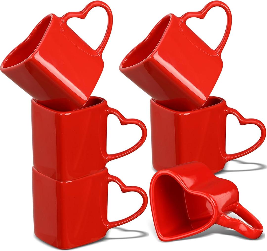 Domensi 6 Pcs 11.8 oz Valentines Heart Shaped Mugs Bulk Red Heart Coffee Cup Valentine Ceramic Mug with Handle Love Tea Cup Gift for Romantic Valentines Wedding Anniversary Couple Lover Decoration