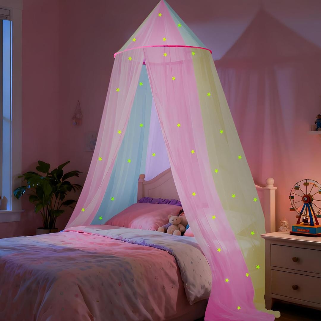 Rainbow Bed Canopy for Girls with Glowing Stars, Colorful Princess Canopy Bed Curtains for Twin, Full, and Queen Sizes,Mosquito Netting for Baby Crib,Ceiling Tent for Kids Bedroom Decor