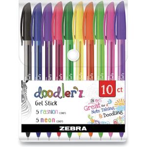 Zebra Pen Doodlerz Gel Stick Pen, Bold Point, 1.0mm, Assorted Glitter Colors, 10 Pack