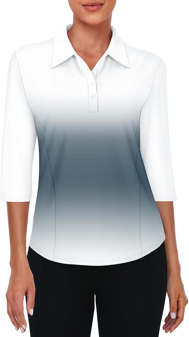 Zamowoty Women's 3/4 Sleeve Golf Tennis Polo Shirts 4-Button Dry Fit Workout Tops Athletic Shirt UPF50+ (X-Large, Black Grey Gradient)
