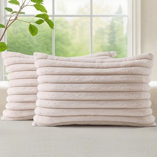 decorUhome Summer Cozy Faux Fur Throw Pillow Covers 12x20 Set of 2 Decorative Soft Plush Striped Lumbar Modern Farmhouse Boho Couch Pillow Cases with Velvet Back for Sofa Bed Living Room, Beige