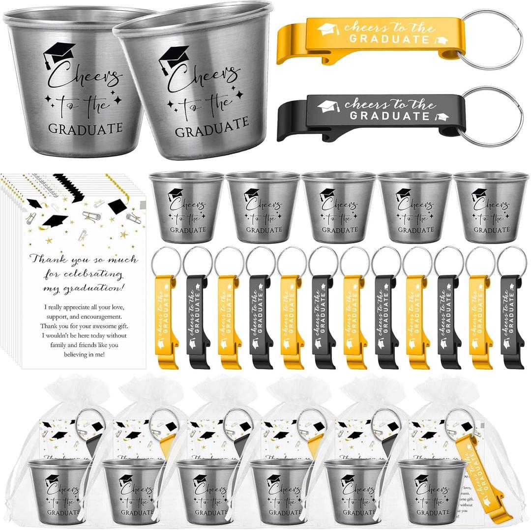Maxcheck 50 Set 2026 Graduation Favors for Guests Bulk,Stainless Steel Shot Glasses Bottle Opener Keychain with Thank You Card Organza Bag Class of 2026 Graduation Party Favor for Teacher Friend