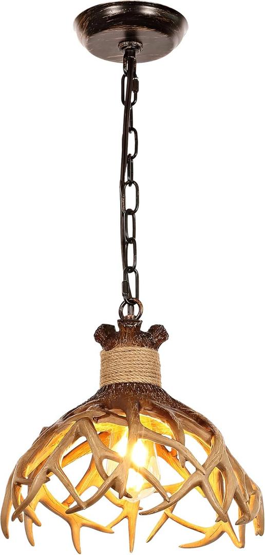 Rustic Antler Pendant Light, Deer Antler Light Fixtures for Kitchen Island Ceiling Fixture Table Sink (Bulb Base E26,1-Light, Brown)