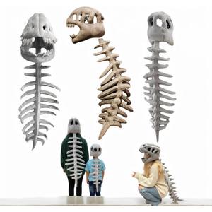 Realistic Dinosaur Skeleton Plush Costume for Kids Adult, Dino Bones Jumpsuit with Hood, Halloween Party Family Outfit Gray-47.2in (L)
