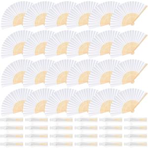 24 Pieces White Hand Held Bamboo Folding Fans Paper Fans Handheld for Women Foldable Girls Wedding Decoration Church Home Party Favors Summer