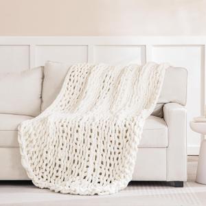 HBlife Chunky Knit Blanket 60X80 Inches, Super Warm Soft Chenille Yarn Cable Knitted Blankets and Throws Boho Giant Cozy Thick Crochet Blanket for Sofa Bed Couch, Cream