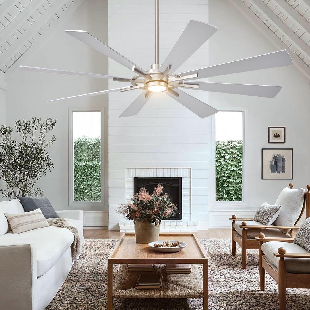 72 Inch Large Ceiling Fans, Outdoor/Indoor Modern Ceiling Fan for Patio Bedroom,6 Speed Reversible Quiet DC Motor, Dual Finish 8 Blades, Brushed Nickle