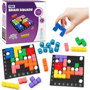 STEM Puzzle Game The Brain Square 2.0 with 10,000,000+ Solutions Pattern Matching Blocks Brain Teaser Toy Roll Dice & Race Your Opponent to Fill Grid for Kids 5+ Back to School Birthday Gift(Hard)
