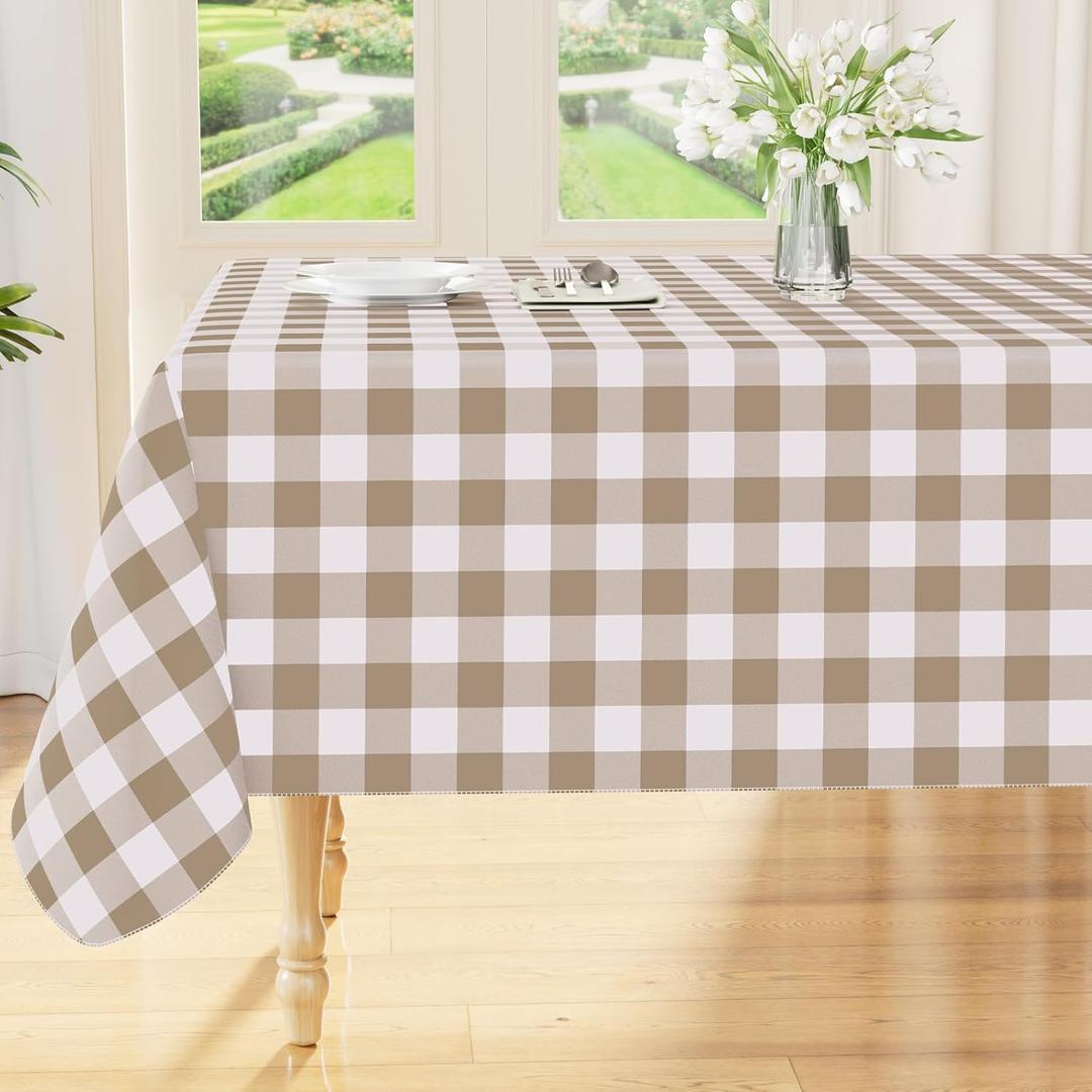 Smiry Rectangle Table Cloth, Waterproof Vinyl Tablecloth with Flannel Backing, Wipeable Buffalo Plaid Table Cover for Dining, Indoor and Outdoor (Khaki & White, 60"x102")