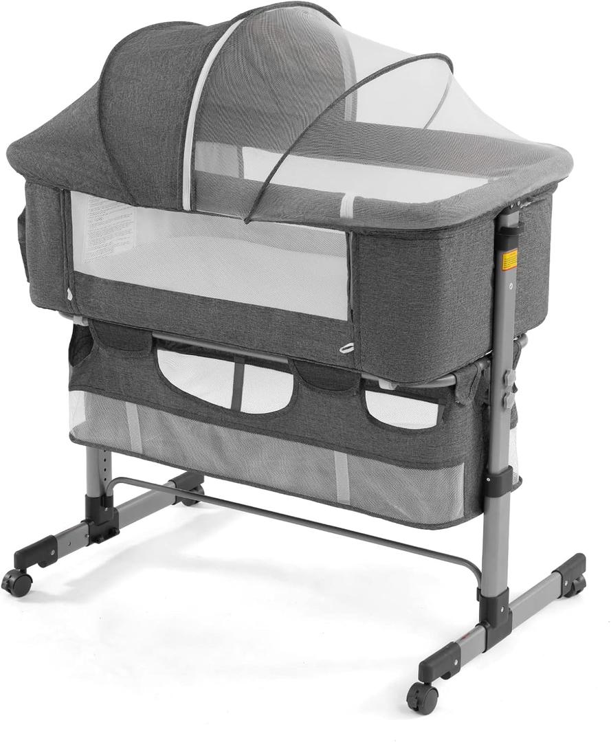 Bedside Sleeper Bedside Crib, Baby Bassinet 3 in 1 Travel Baby Crib Baby Bed with Breathable Net,Adjustable Portable Bed for Infant/Baby(Deep Grey)
