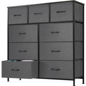 DUMOS Dresser for Bedroom, Dressers & Chests of Drawers Dresser Organizer, Wood Top Table Furniture with 9 Fabric Storage Tower Unit, Chest of Drawers for Closet, Living Room, Hallway, Porch
