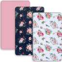 AMROSE 3 Pack Soft Floral Mini Crib Sheets, Microfiber Pack N Play Sheets Set for Baby Girls, Silk Touch Gentle, Fitted for Playard Portable Crib Mattress, Floral Theme