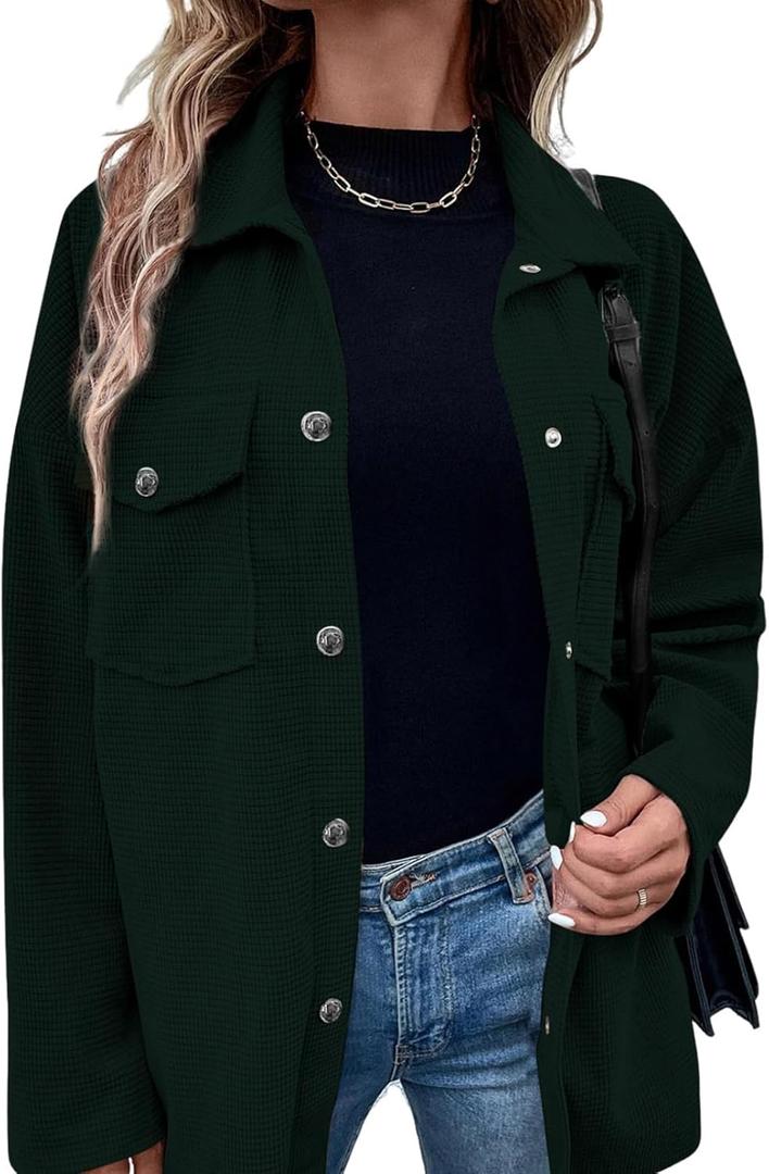 Astylish Womens Waffle Knit Long Shacket Jacket Oversized Casual Blouses Button Down Collared Dressy Shirts (XX-Large, Dark Green)