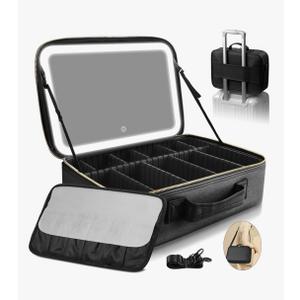 Upgraded Large Travel Makeup Bag with LED Mirror, 15” Professional Makeup Case with 3 Color Modes Dimming Lighted Mirror, Light up Cosmetic Make up Organizer with PU Leather Cover, Adjustable Dividers