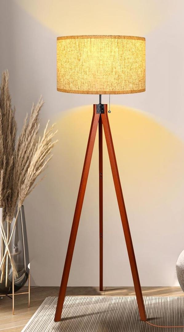 Wood Tripod Floor Lamp, 3 Color Temperatures Mid Century Modern Boho Floor Lamp, Tall Standing Lamps for Living Room Bedroom Office, Flaxen Lamp Shade with E26 Lamp Base