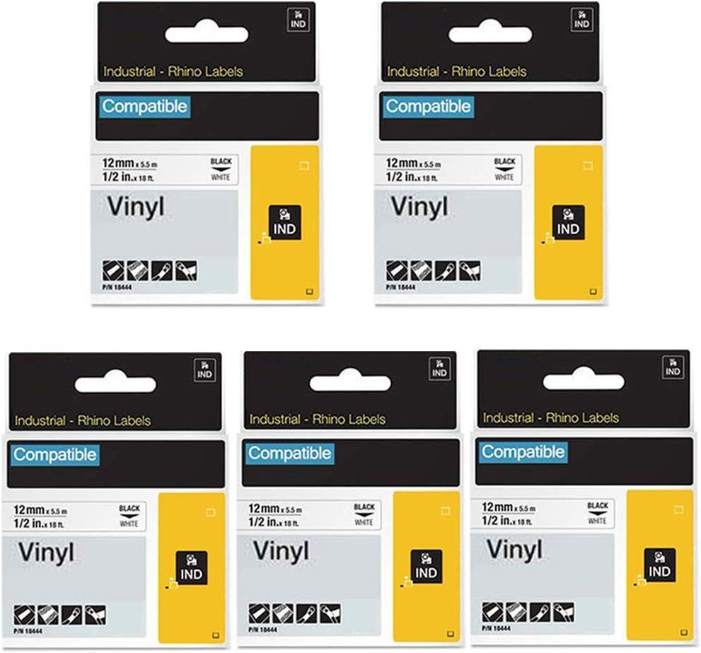 18444 Vinyl Label Tape 1/2" Replacement for DYMO Rhino 18444 Industrial Permanent Vinyl Tapes Black on White 1/2 inch x 18 feet Compatible with DYMO Rhino 4200 5000 5200 6000 Label Maker, 5pack