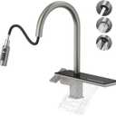 MBILLION Waterfall Kitchen Faucet with Pull Down Sprayer Brushed Nickel,Stainless Steel,4 Mode,Single-Hole,Single Handle Built-in Shelf,360 Rotation Commercial Farmhouse RV Bar Kitchen Sink Faucet