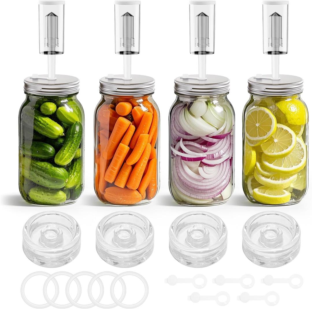 Fermentation Kit for Wide Mouth Mason fermentation Jar,pickling/sauerkraut kit with 4 Glass Fermentation Weights,4 Fermenting Lids,4 airlocks,5 Silicone Rings,5 Silicone Grommet  No Jars  (Clear)