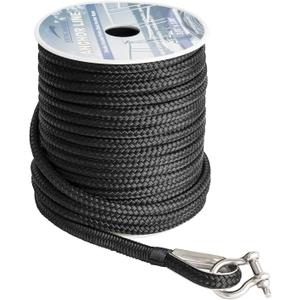 Young Marine Made 3/8 Inch 150FT Black Nylon Anchor Line Double Braided Anchor Rope/Line with Thimble (3/8" x 150')