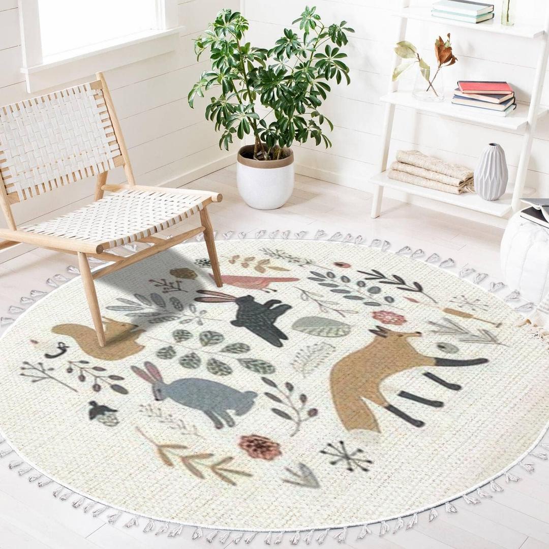 Round Rugs Hand Drawn Scandinavian Style Set Forest Animals Plants Clip Boho Area Rug Linen and Cotton Carpet Meditation Rug Washable Hallway Runner Mat Accent Rug for Bedroom Bathroom 4ft (Multi2)