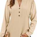 Cicy Bell Womens Puff Long Sleeve Henley Shirts Trendy Casual V Neck Button Up Tunic Tops Loose Fit Basic Tees (L)