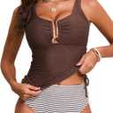Aleumdr Women's Textured Tankini Swimsuits Tummy Control Ruched U-Wire Cutout Two Piece Bathing Suits with Bottom (Brown, L)
