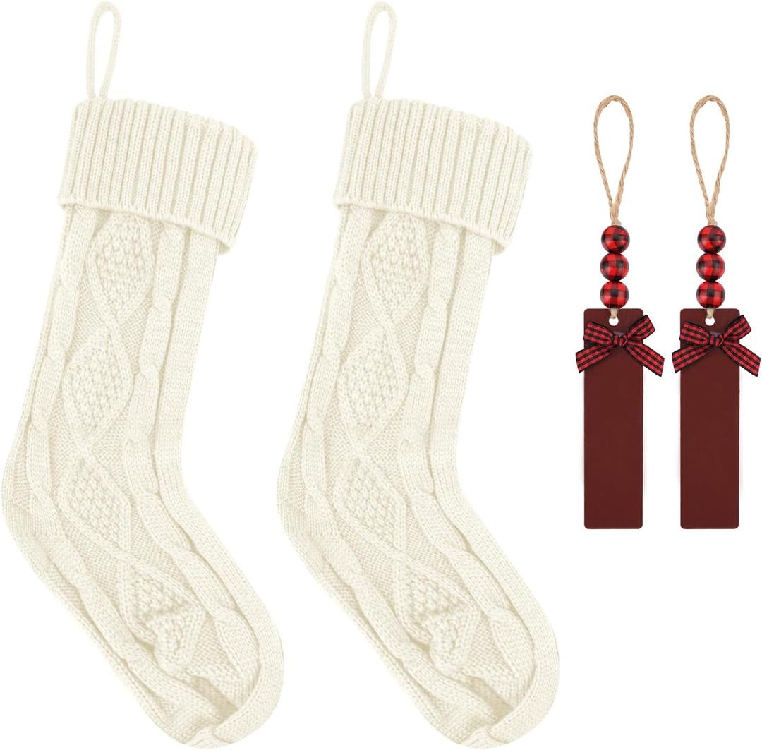 2Pack Personalized Christmas Stockings - 18 Inch Large Cable Knitted Xmas Hanging Stockings with DIY Wooden Name Tags for Family Holiday Decor (White)