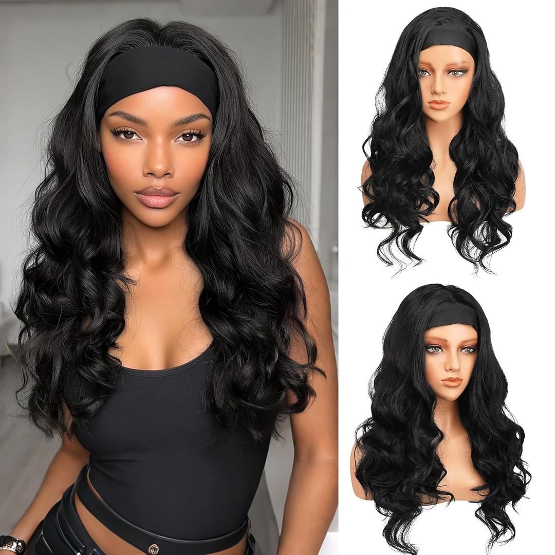 Body Wave Headband Wig for Black Women, Kinky Straight Yaki 22 Inch Wear & Go Glueless Lightweight Heat Resistant Synthetic Headband Wigs, Natural Soft Waves Daily Use (Natural Black)