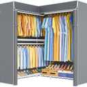 ULIFHOME E15C Pro Garment Rack L Shaped Clothes Rack for Corner，Freestanding Clothing Racks for Hanging Clothes，Heavy Duty Closet System 48.8"W x 15.8"D x 78.4"H，White Rack with Grey Dustproof Cover