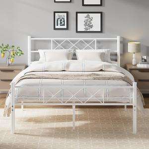 VECELO Full Size Bed Frame with Headboard, Heavy Duty Bedframe with Strong Metal Slats, No Box Spring Needed & Easy Assembly, Pure White