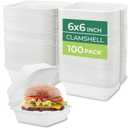 Freshware Clamshell Food Containers with Lids [6x6" 100-Pack] Disposable To Go Containers, Biodegradable Sugarcane To Go Boxes - Paper Container - Microwave & Freezer Safe, Stackable