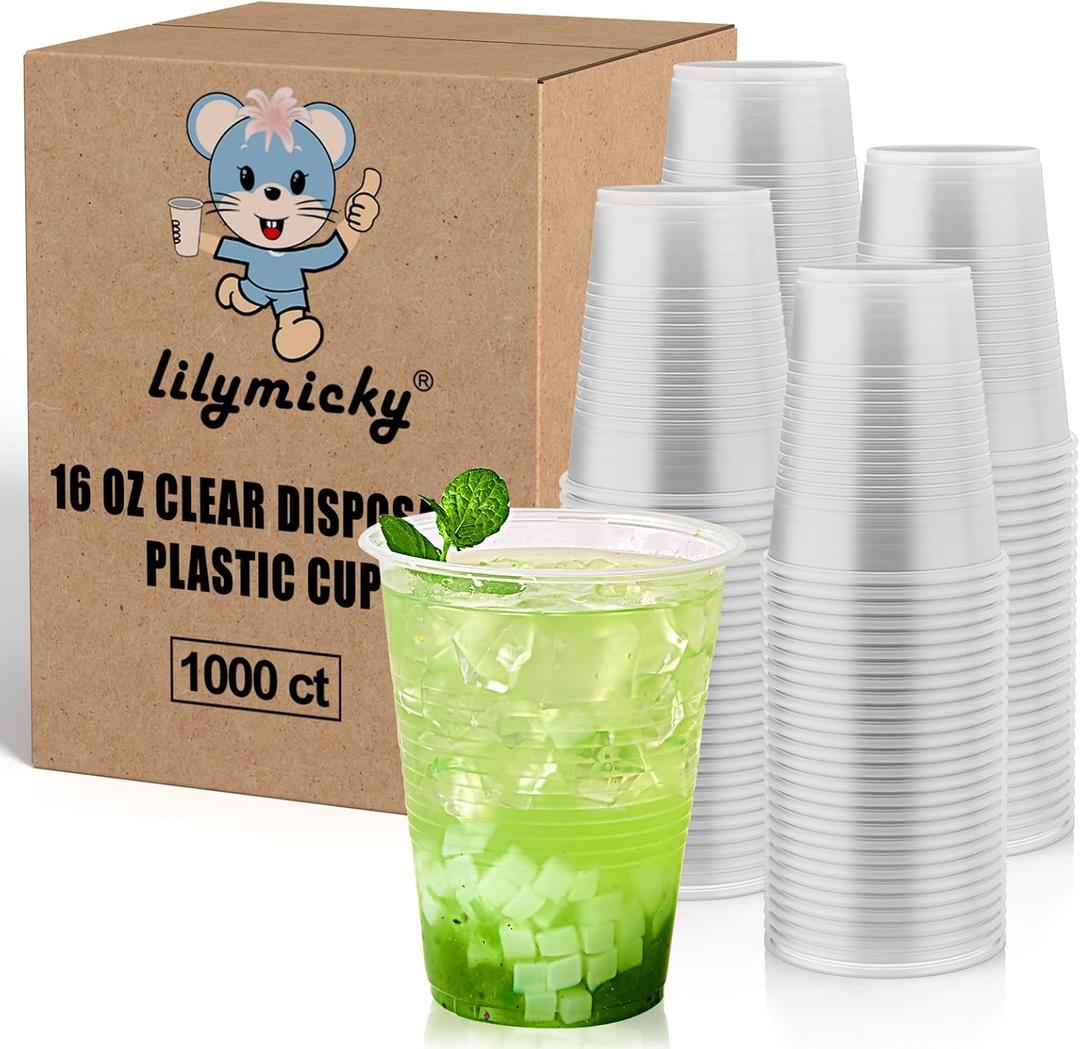 Lilymicky 1000 PACK 16 oz Clear Plastic Cups, Cold Disposable Party Drinking Cups for Parties, Picnic, BBQ & Events